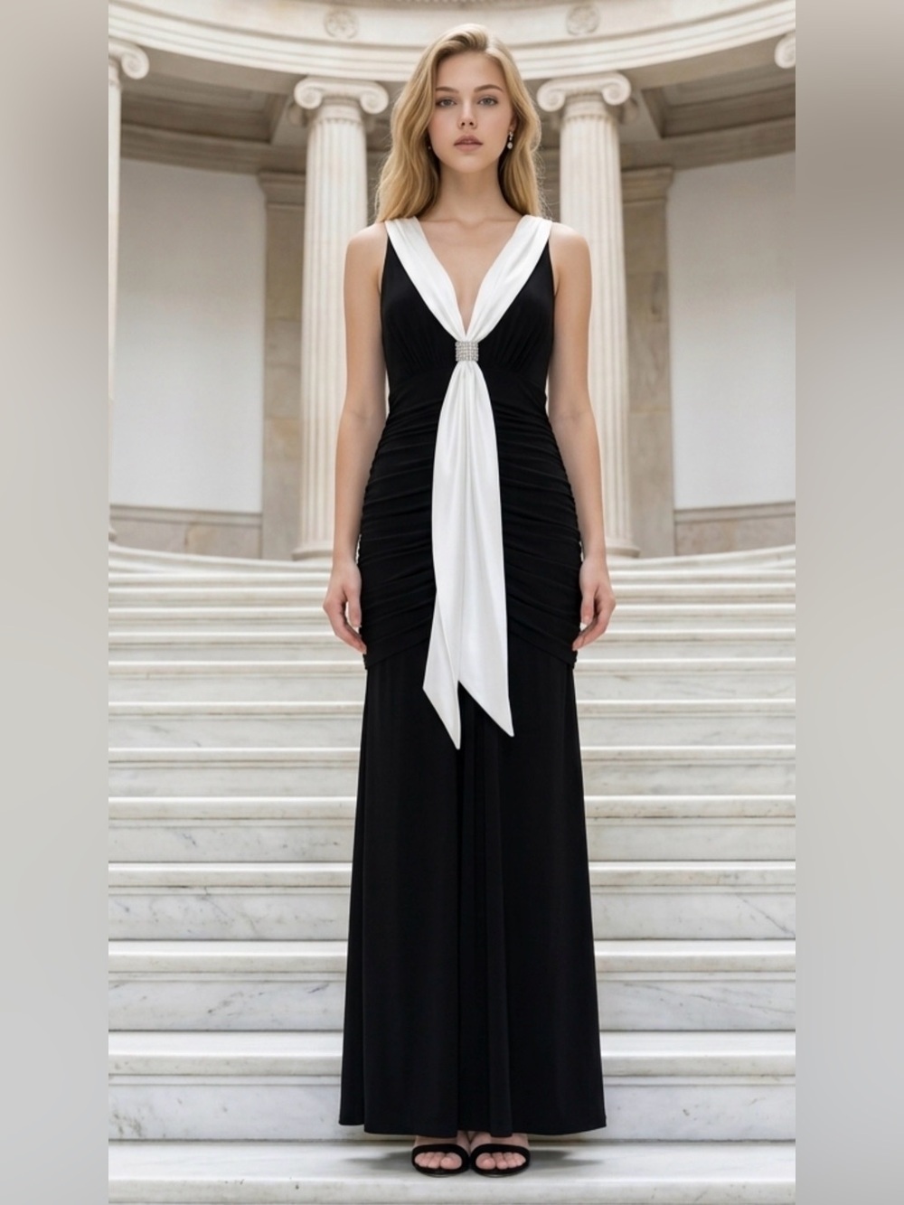Jessica McClintock Black Maxi Dress with White Front Draped Accent